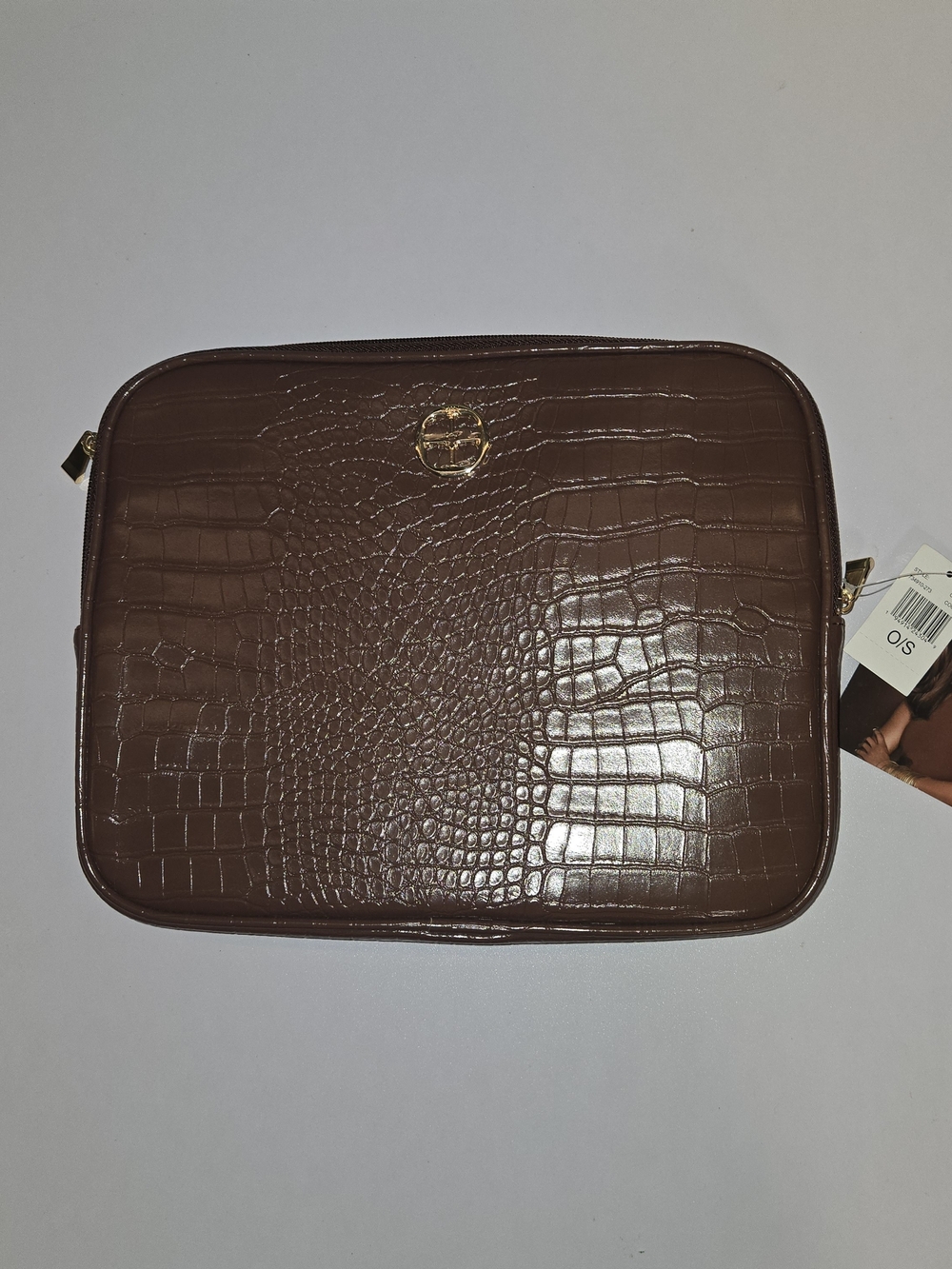 NWT IMAN Global Chic Croco Embossed Tech Pouch Tablet Case Brown Gold Accent